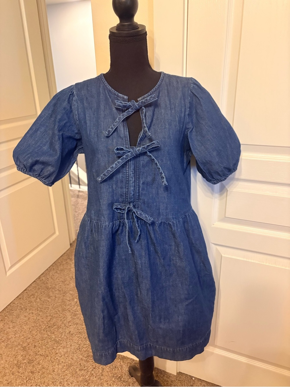 LOFT Denim Tie-Front Puff Sleeve Mini Dress - Blue